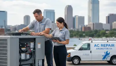Professional AC repair technician servicing air conditioner unit in Alexandria VA home