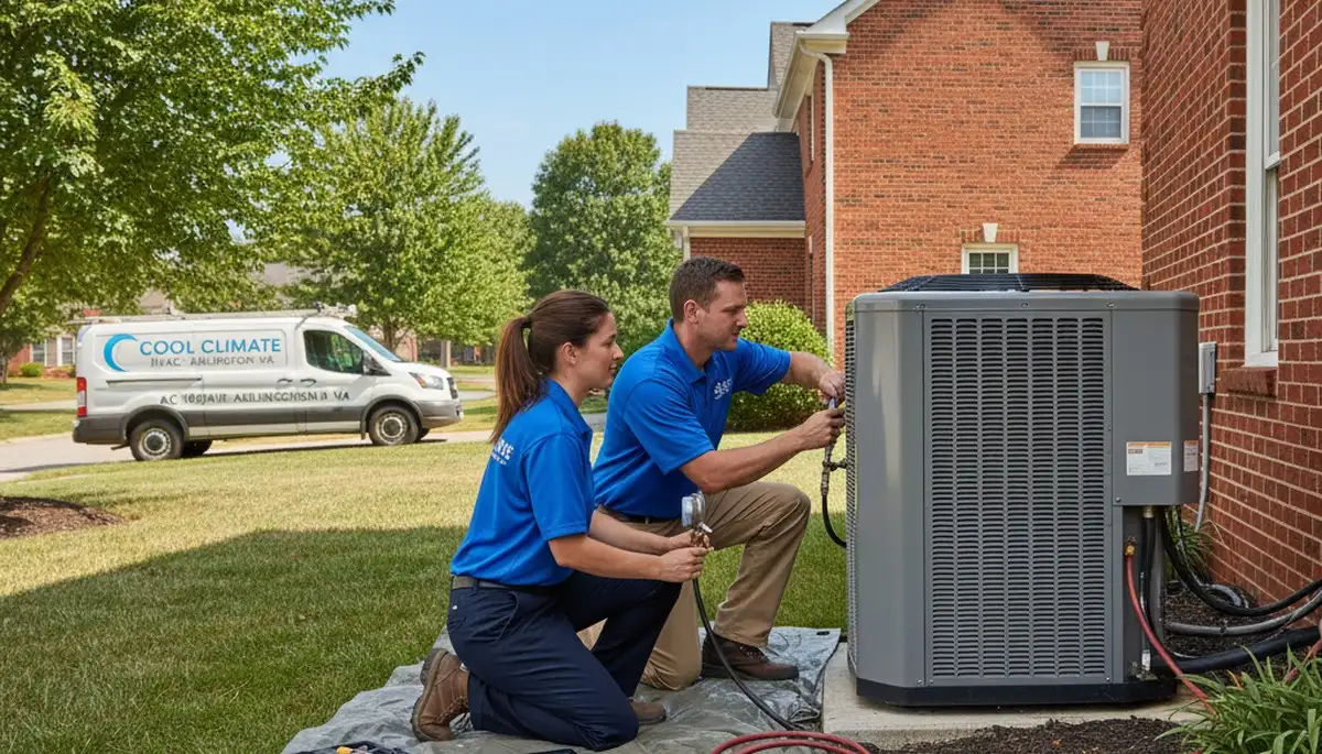 Professional AC repair technician servicing air conditioner in Alexandria VA home