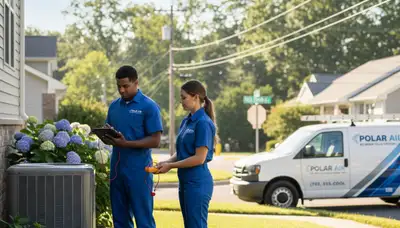 Professional AC repair technician servicing cooling unit in Alexandria VA home