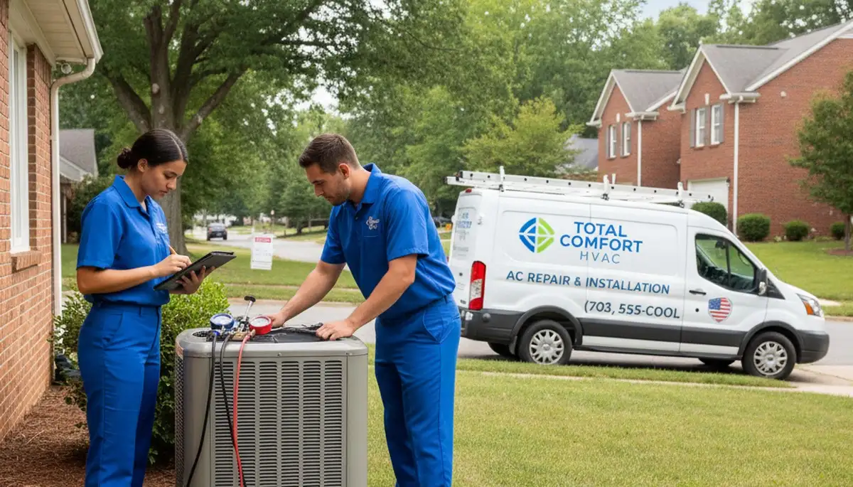 Professional AC repair technician servicing air conditioner in Alexandria VA home