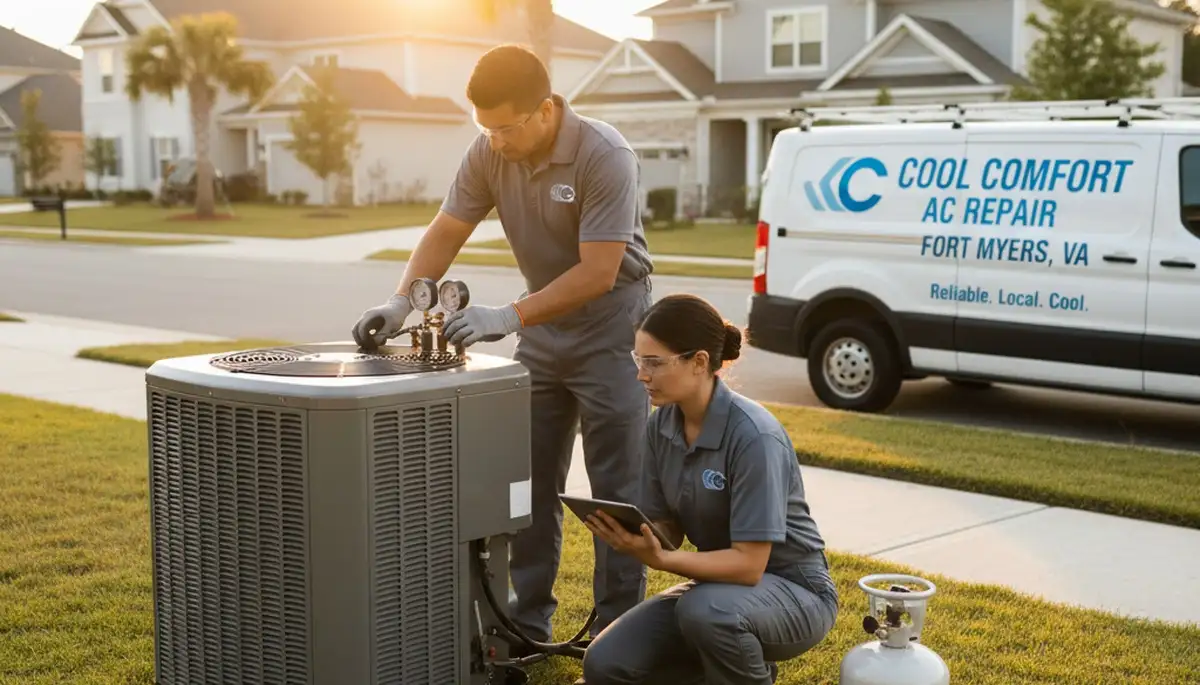 Professional AC repair technician servicing air conditioner in Alexandria VA home