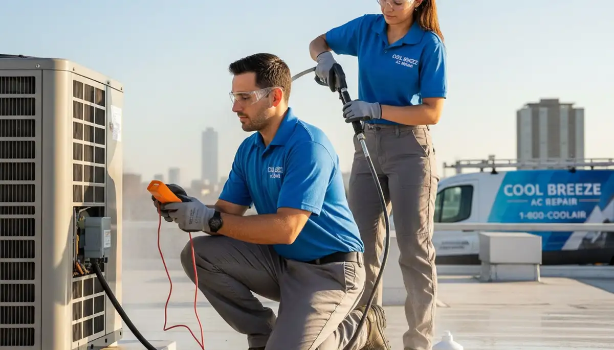 Technician repairing residential air conditioner unit in Alexandria, VA for Five Star Cooling service page