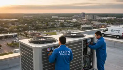 Professional AC repair technician servicing air conditioner unit in Alexandria, VA home