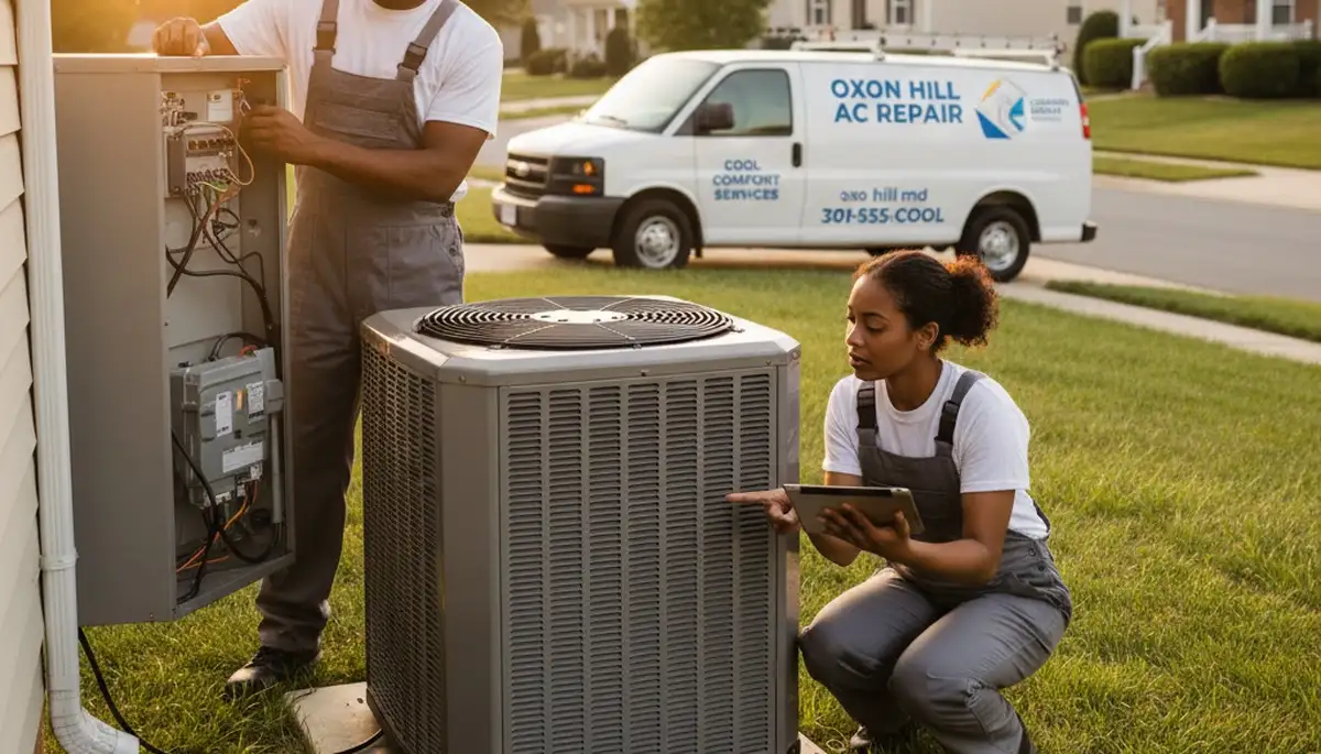 Professional AC repair technician servicing air conditioner unit in Alexandria VA home