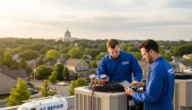 Professional AC repair technician servicing air conditioner unit in Alexandria VA home