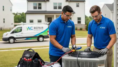 Professional AC repair technician servicing air conditioner in Alexandria VA home