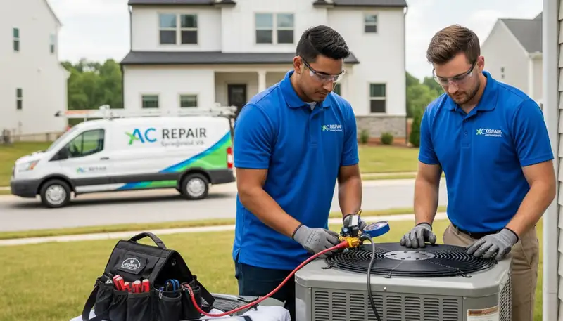 Professional AC repair technician servicing air conditioner in Alexandria VA home
