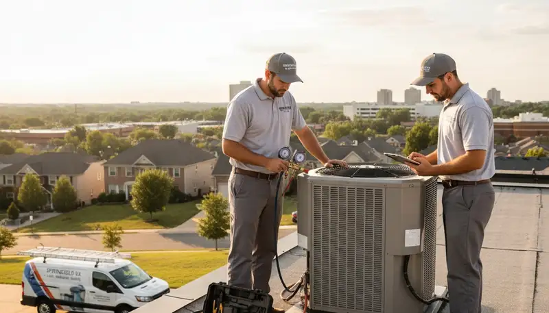 Professional AC repair technician servicing air conditioner in Alexandria VA home
