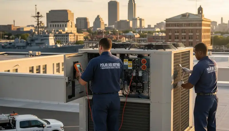 Professional AC repair technician servicing home unit in Alexandria VA