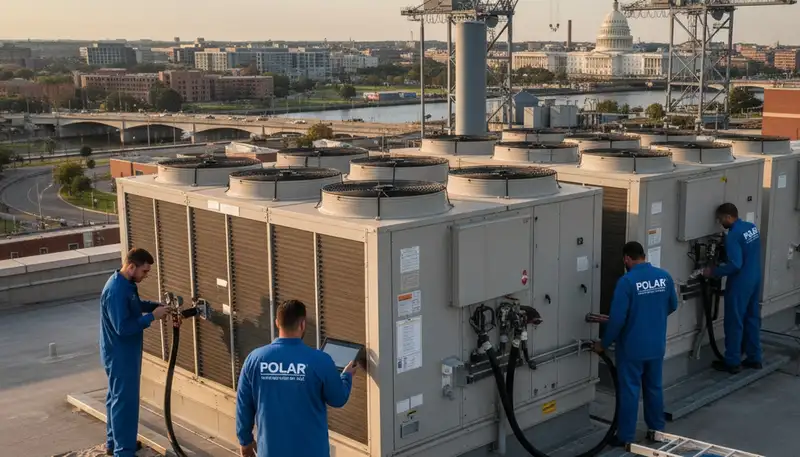 Professional AC repair technician servicing air conditioner unit in Alexandria, VA