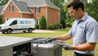 Professional AC repair technician servicing air conditioner in Alexandria VA home