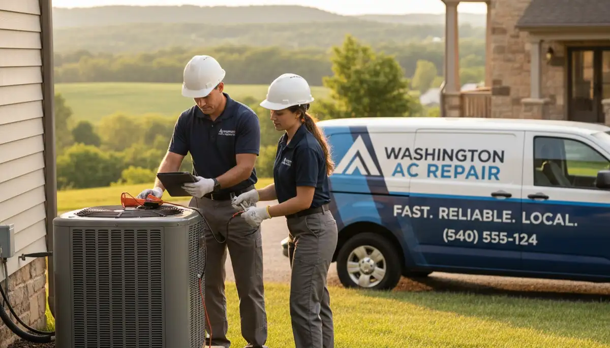 Professional AC repair technician servicing HVAC unit in Alexandria VA home