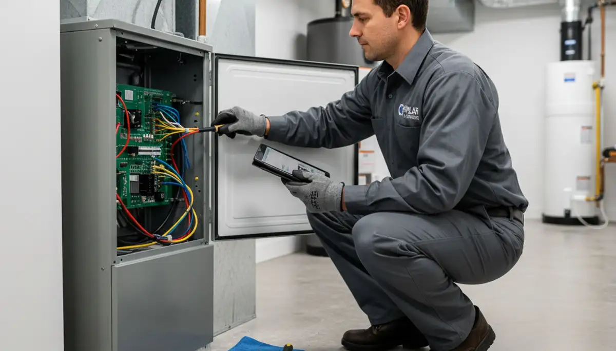 Technician performing furnace repair in Alexandria, VA for Five Star Cooling heating service