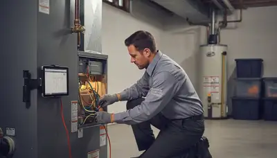 Technician performing heating repair on furnace in Alexandria, VA home