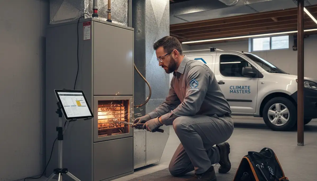 Technician performing heating repair on furnace in Alexandria, VA home for Five Star Cooling