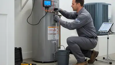 Technician repairing residential water heater in Alexandria VA home for Five Star Cooling service