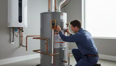 Technician performing water heater repair in Alexandria, VA for residential AC and heating service