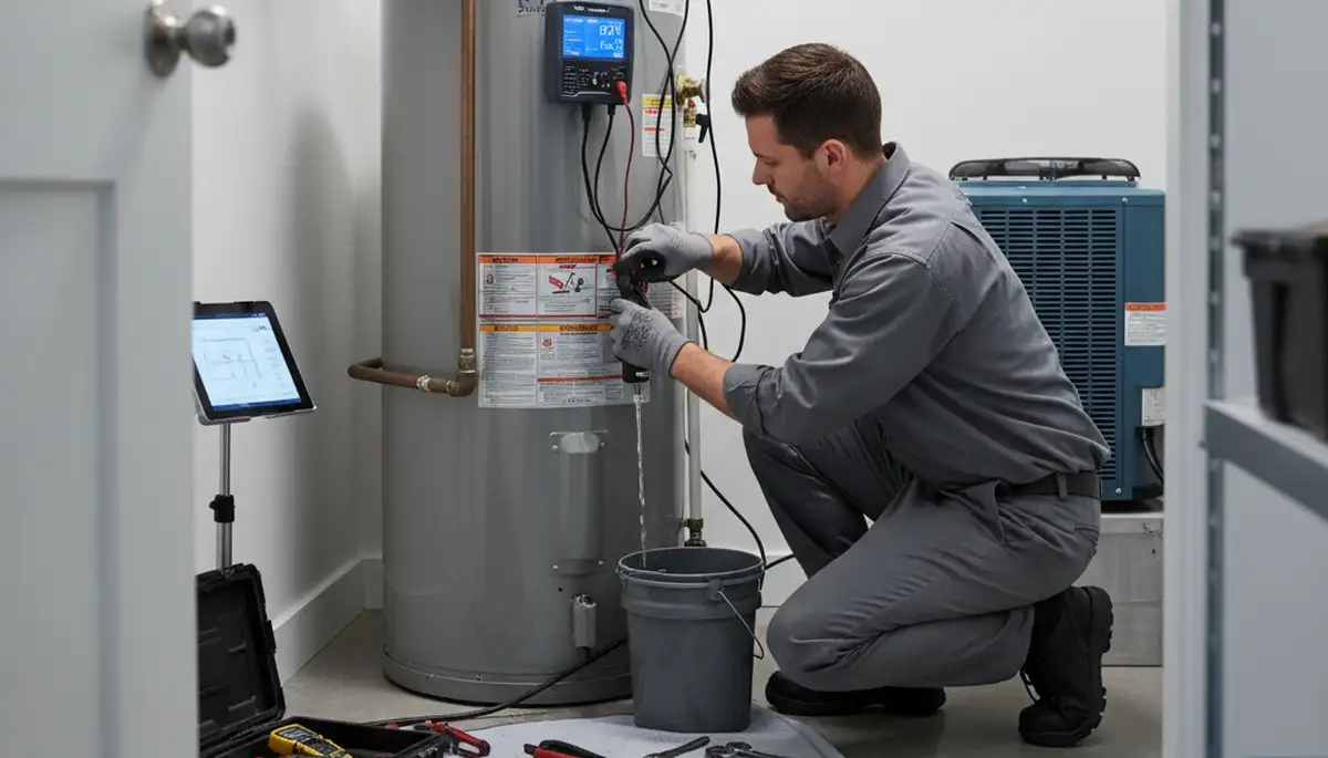Technician performing water heater repair in Alexandria VA for Five Star Cooling homeowners